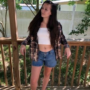 Bleach-distressed flannel shirt